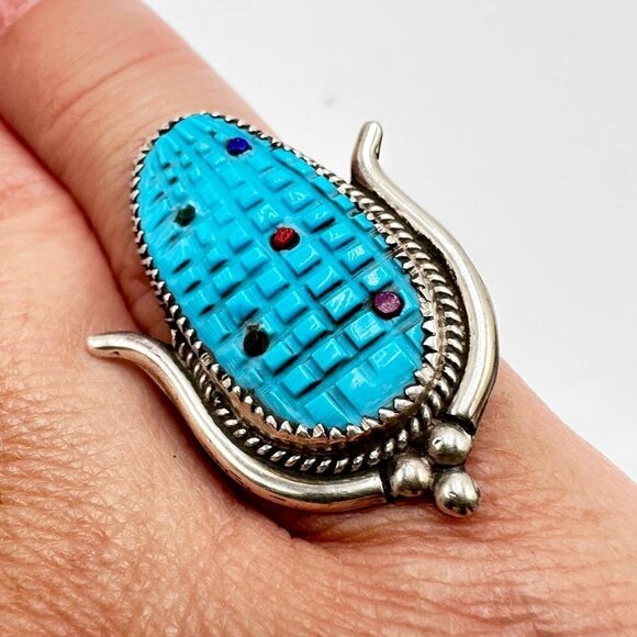 Native American Zuni Tracy Bowekaty Turquoise Corn Maize Sterling Ring size 9 - Picture 1 of 6